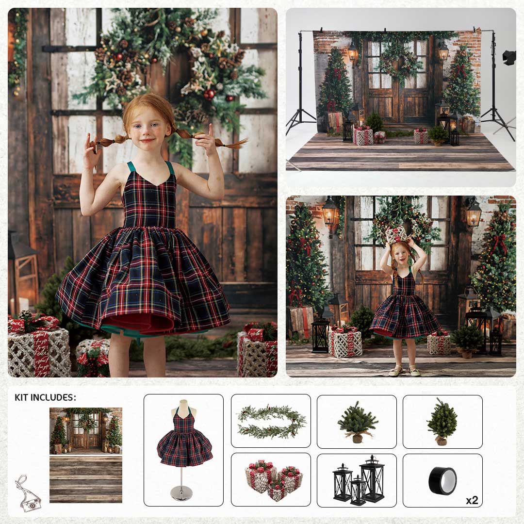 Kate Winter Weihnachten Baum Laterne Holztür Fotokit - Kate Backdrop.de