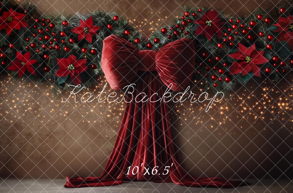 Kate Weihnachten Rote Schleife Tannenzweige Braun Hintergrund Entworfen von Mini MakeBelieve - Kate Backdrop.de
