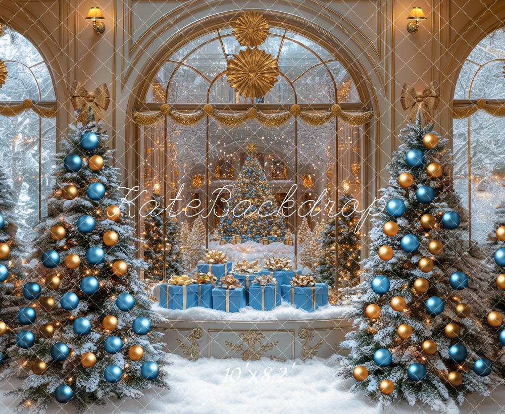 Kate Weihnachten Tannenbaum Geschenke Blau Gold Hintergrund Entworfen von Mini MakeBelieve - Kate Backdrop.de