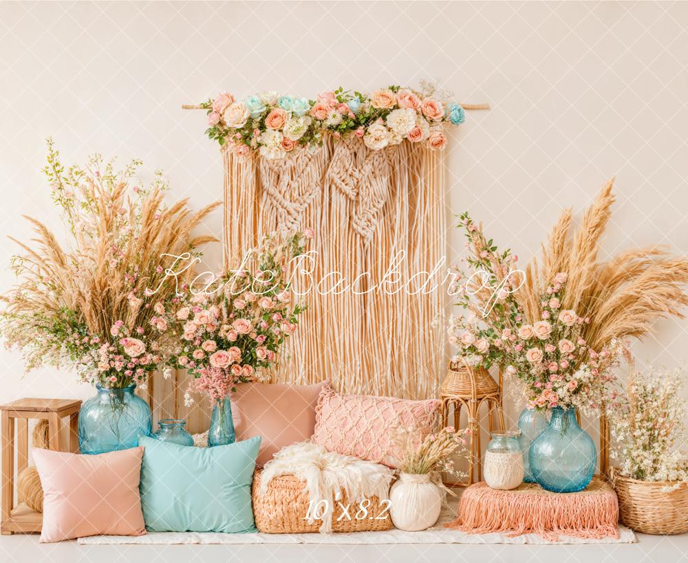 Kate Boho Blumen Makramee Trockenblumen Hintergrund Entworfen von Emetselch - Kate Backdrop.de