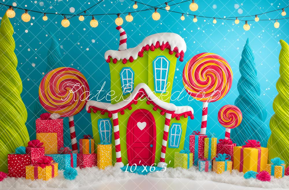 Kate Weihnachten Lebkuchenhaus Lollipops Bunt Hintergrund Entworfen von Patty Roberts - Kate Backdrop.de