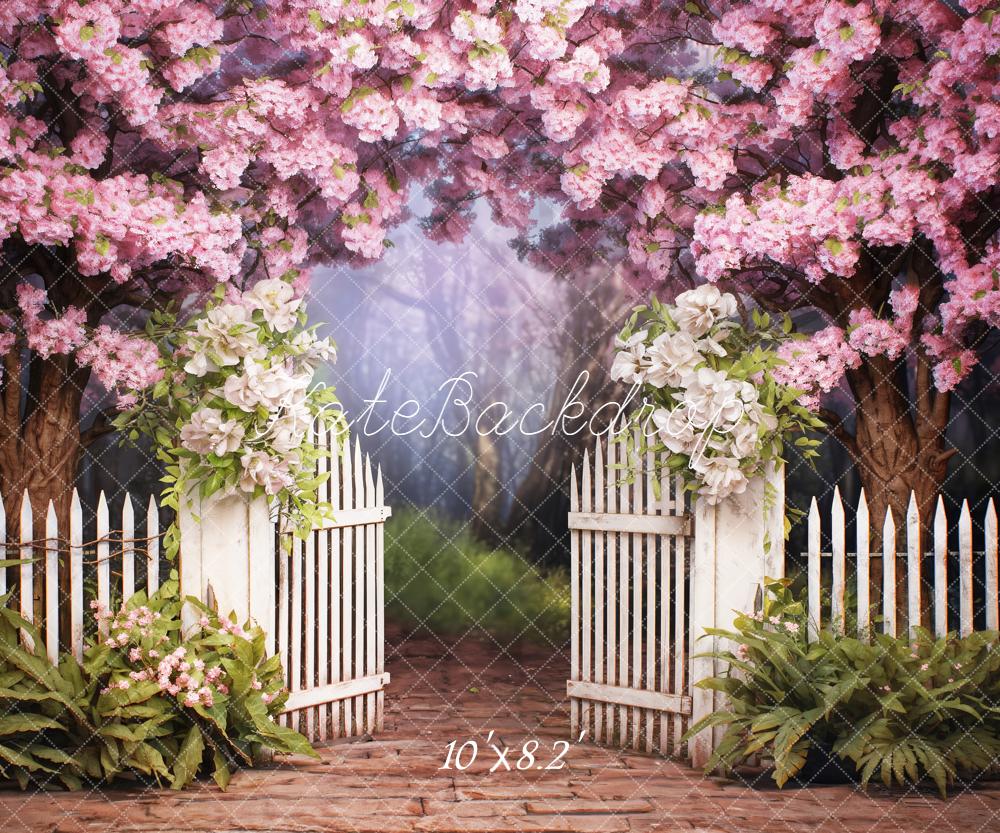 Kate Frühling Blüten Weißer Zaun Romantisch Hintergrund Entworfen von Emetselch - Kate Backdrop.de