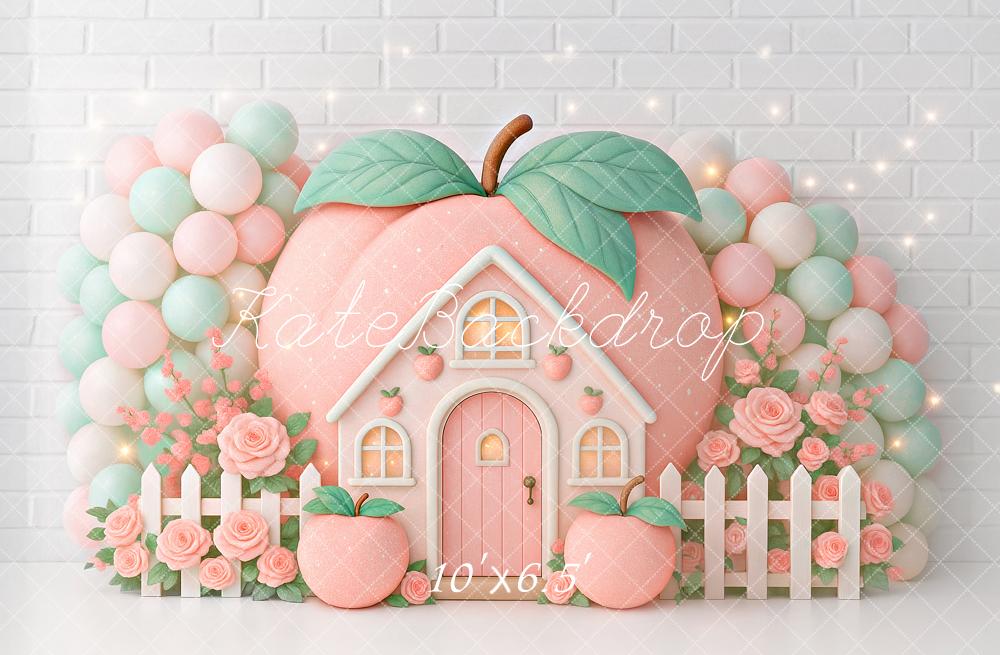 Kate Geburtstag Pfirsich Haus Ballons Pastell Hintergrund Entworfen von Ashley Paul - Kate Backdrop.de