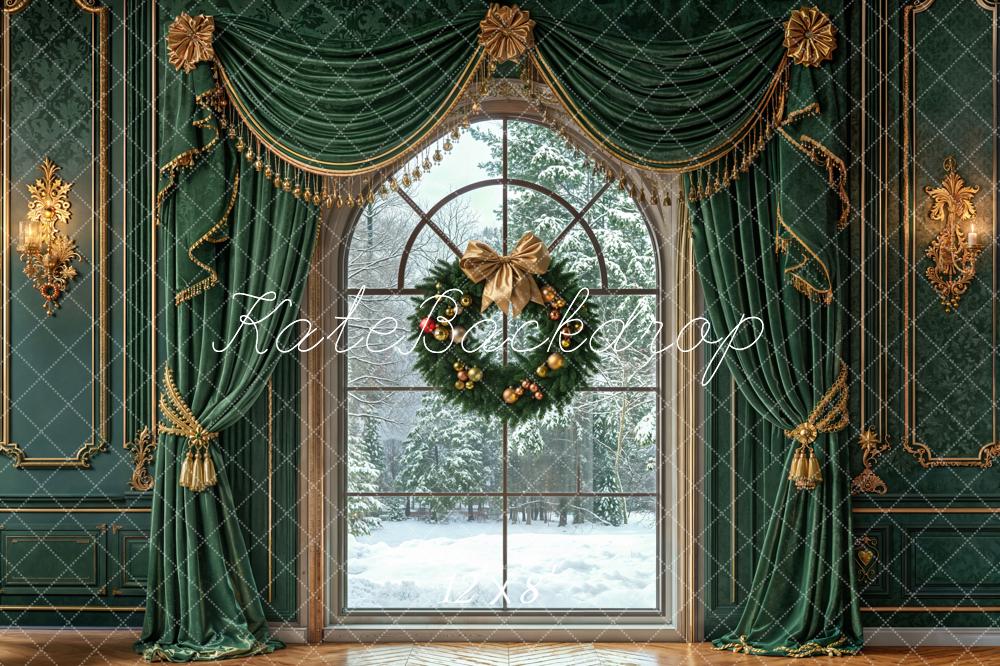 Kate Weihnachten Fenster Kranz Grün Fleece Hintergrund Entworfen von Emetselch - Kate Backdrop.de