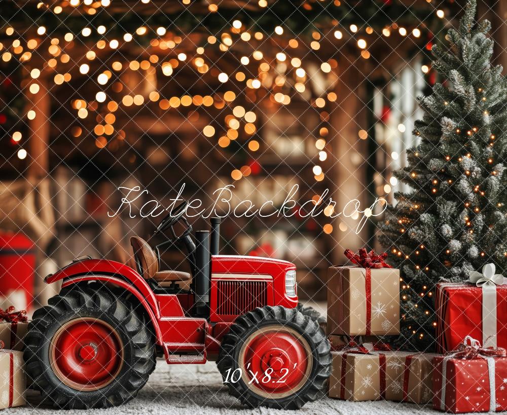 Kate Weihnachten Roter Traktor Geschenke Tannenbaum Hintergrund Entworfen von Patty Roberts - Kate Backdrop.de
