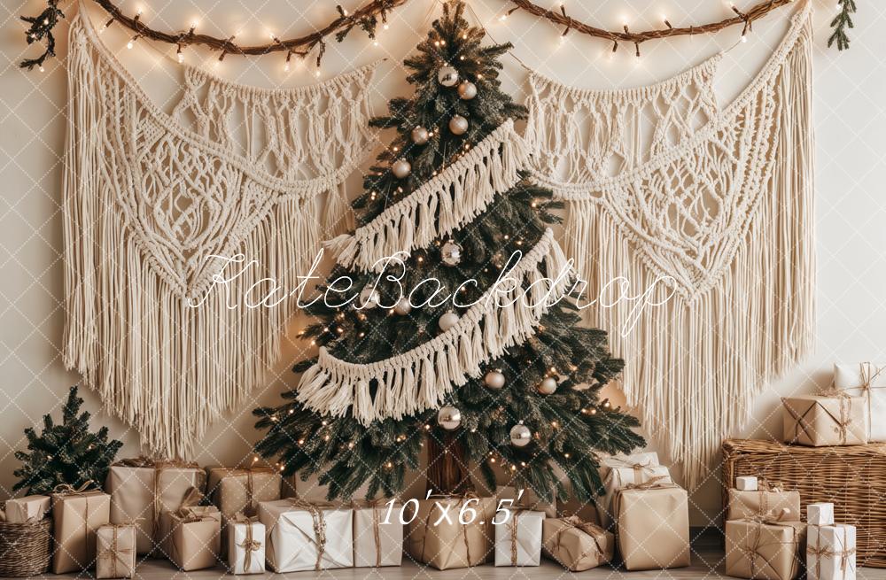 Kate Weihnachten Weihnachtsbaum Makramee Beige Hintergrund Entworfen von Ashley Paul - Kate Backdrop.de