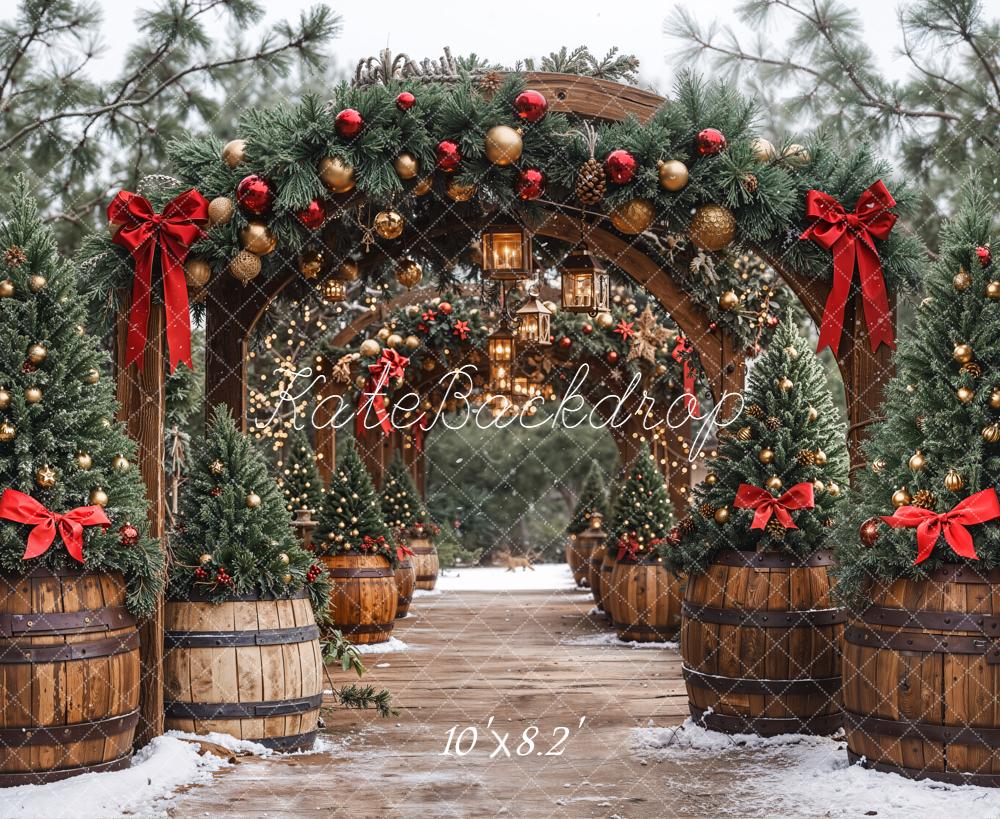 Kate Weihnachten Tannenbögen Holzfässer Rot Gold Hintergrund Entworfen von Emetselch - Kate Backdrop.de