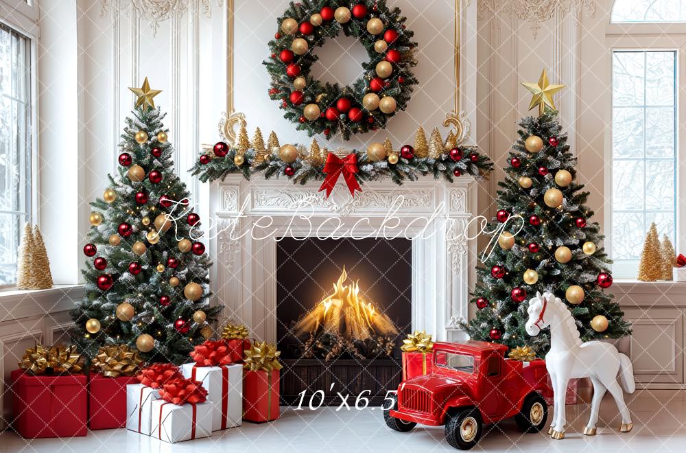 Kate Weihnachten Kamin Weihnachtsbaum Rot Gold Hintergrund Entworfen von Mini MakeBelieve - Kate Backdrop.de