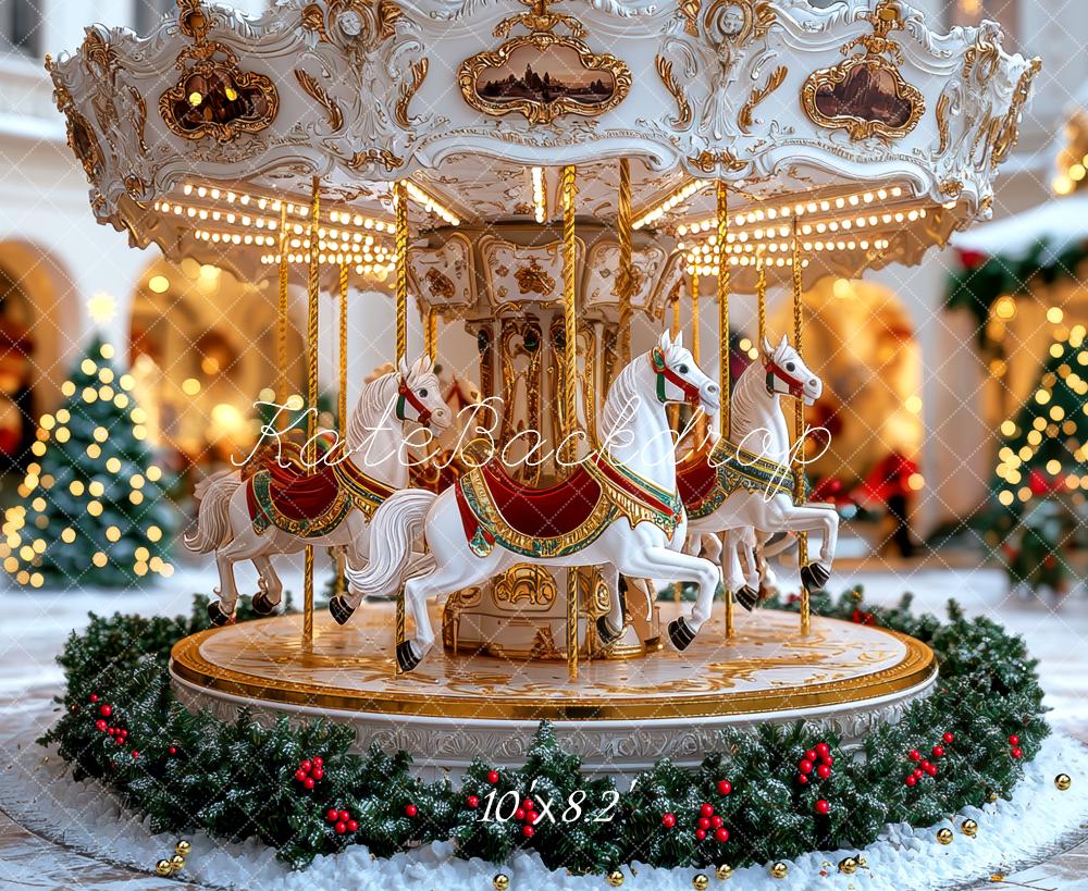 Kate Weihnachten Karussell Pferde Gold Hintergrund Entworfen von Mini MakeBelieve - Kate Backdrop.de