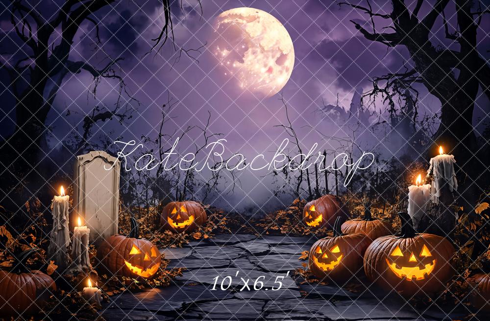 Kate Halloween Kürbisse Grabstein Vollmond Fleece Hintergrund Entworfen von Emetselch - Kate Backdrop.de