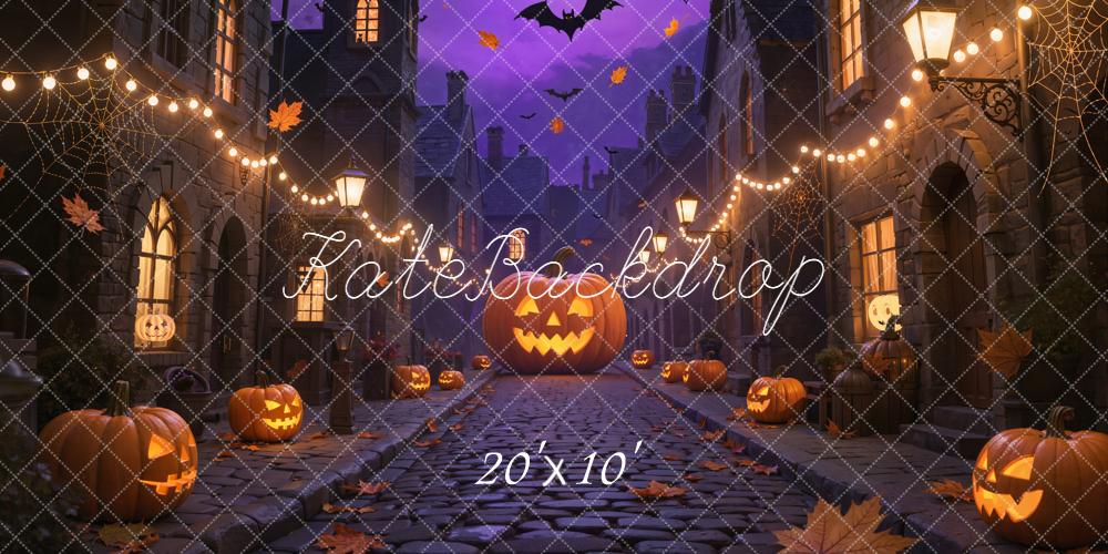 Kate Halloween Kürbisse Fledermäuse Lila Hintergrund Entworfen von Emetselch - Kate Backdrop.de