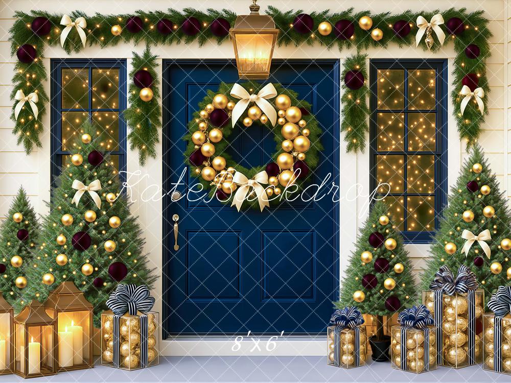 Kate Weihnachten Blaue Tür Geschenke Girlande Hintergrund Entworfen von Mini MakeBelieve - Kate Backdrop.de