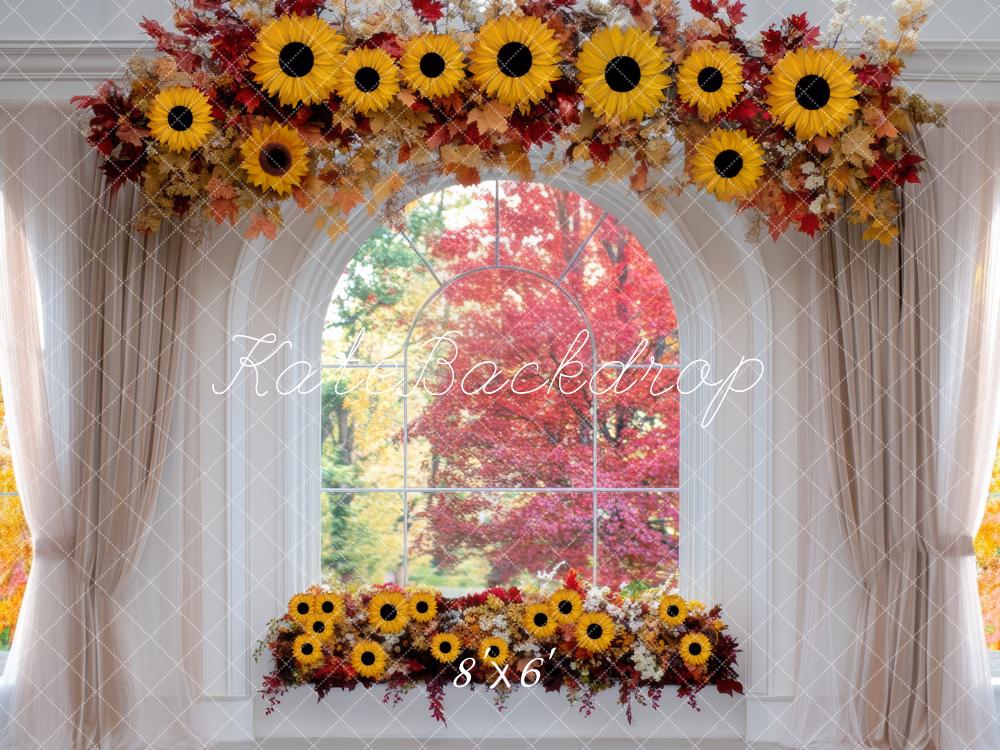 Kate Herbst Fenster Sonnenblumen Blumenbogen Hintergrund Entworfen von Mini MakeBelieve - Kate Backdrop.de
