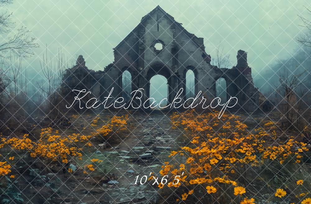 Kate Ruine Gelbe Blumen Nebel Fleece Hintergrund Entworfen von Emetselch - Kate Backdrop.de