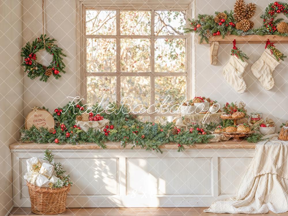 Kate Weihnachten Fenster Girlande Cremetöne Fleece Hintergrund Entworfen von Emetselch - Kate Backdrop.de