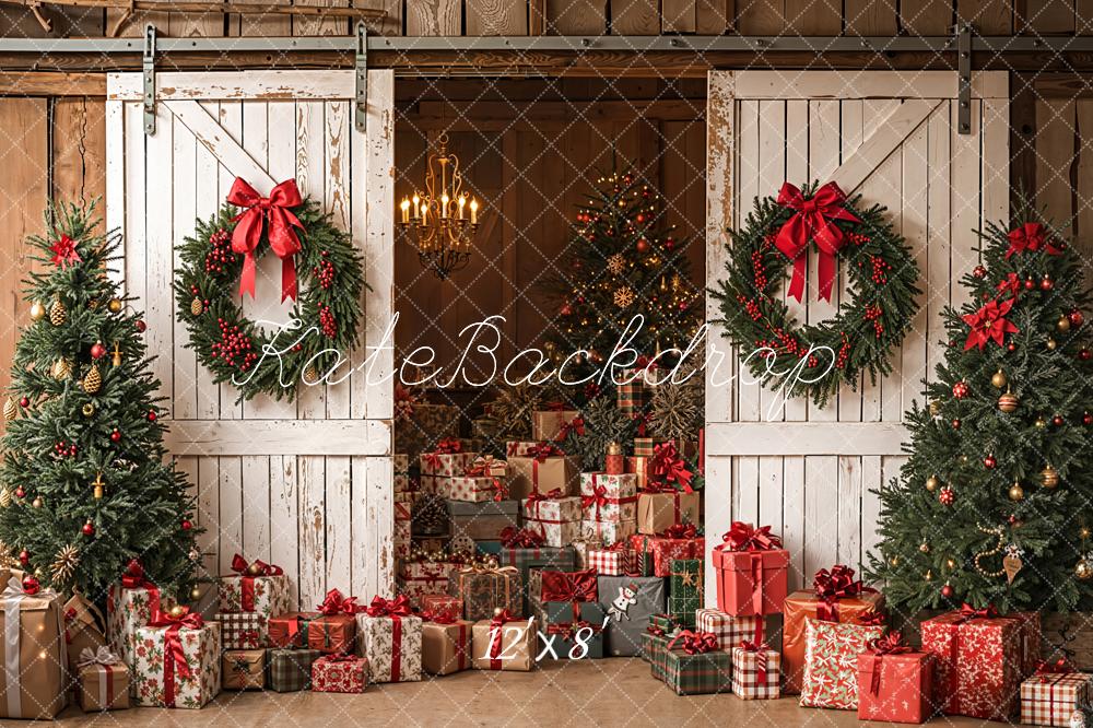 Kate Weihnachten Geschenke Tannenbäume Scheunentor Fleece Hintergrund Entworfen von Emetselch - Kate Backdrop.de