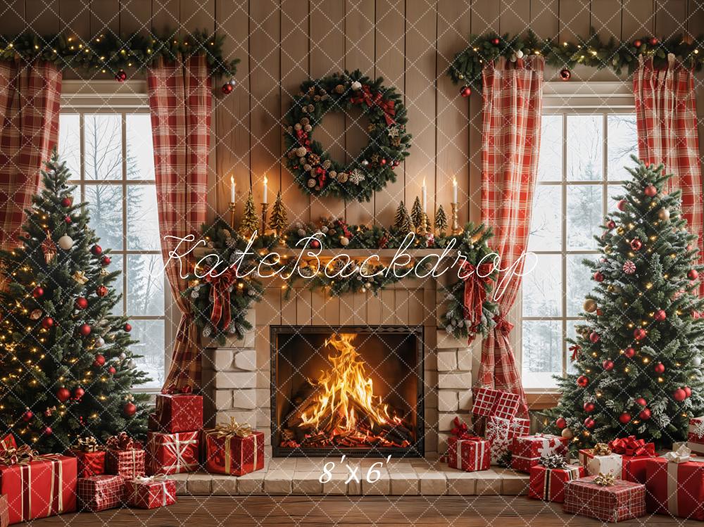 Kate Weihnachten Kamin Weihnachtsbaum Rot Fleece Hintergrund Entworfen von Emetselch - Kate Backdrop.de