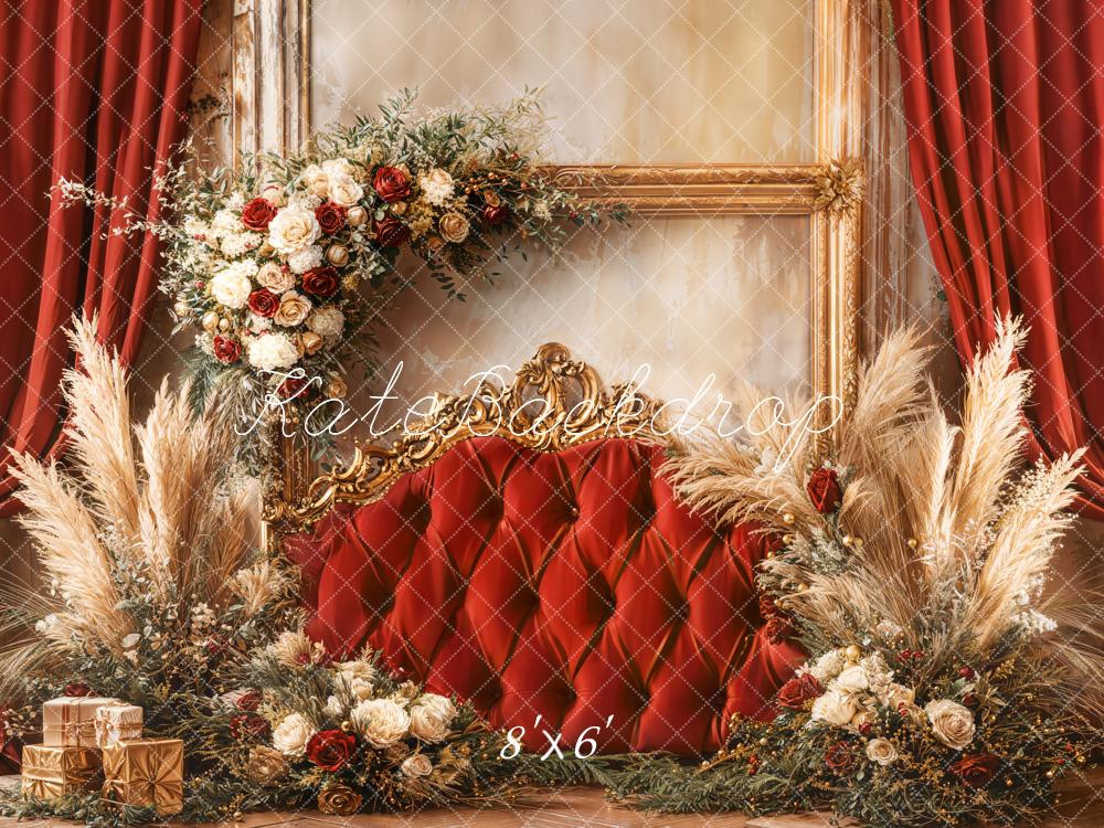 Kate Weihnachten Rote Vorhänge Blumen Goldrahmen Fleece Hintergrund Entworfen von Emetselch - Kate Backdrop.de