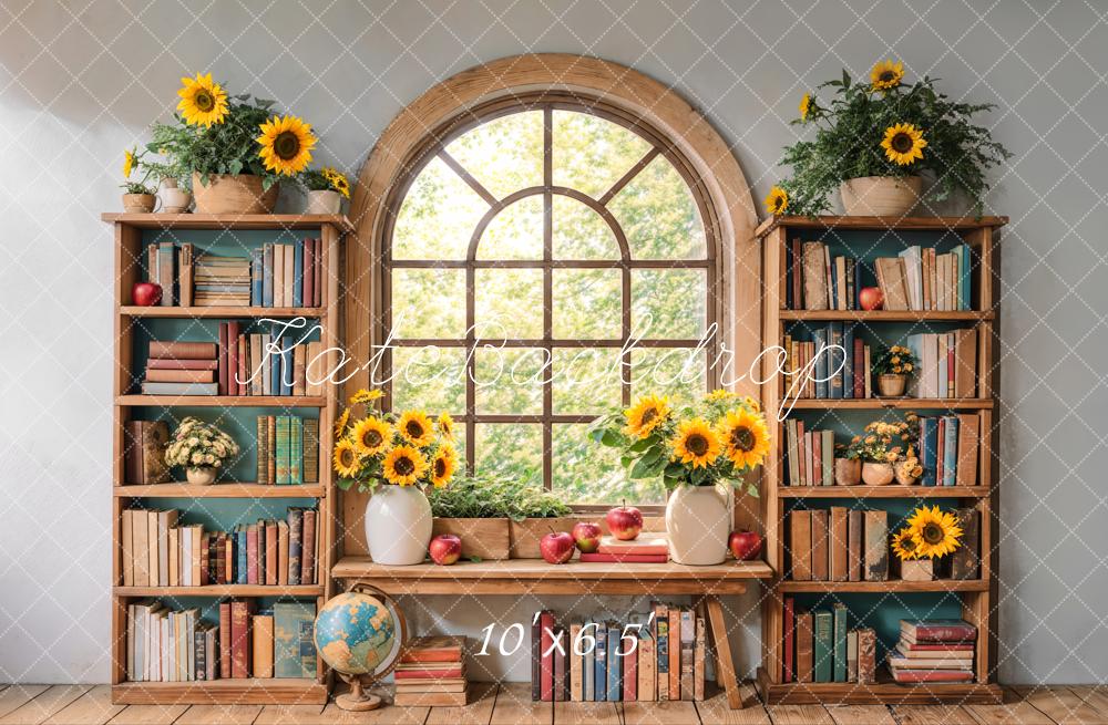 Kate Zurück Zur Schule Bücherregal Sonnenblumen Holz Hintergrund Entworfen von Emetselch - Kate Backdrop.de