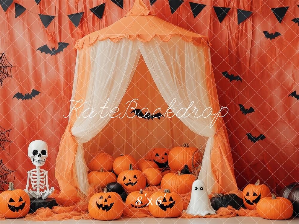 Kate Halloween Kürbisse Fledermäuse Orange Hintergrund Entworfen von Patty Roberts - Kate Backdrop.de