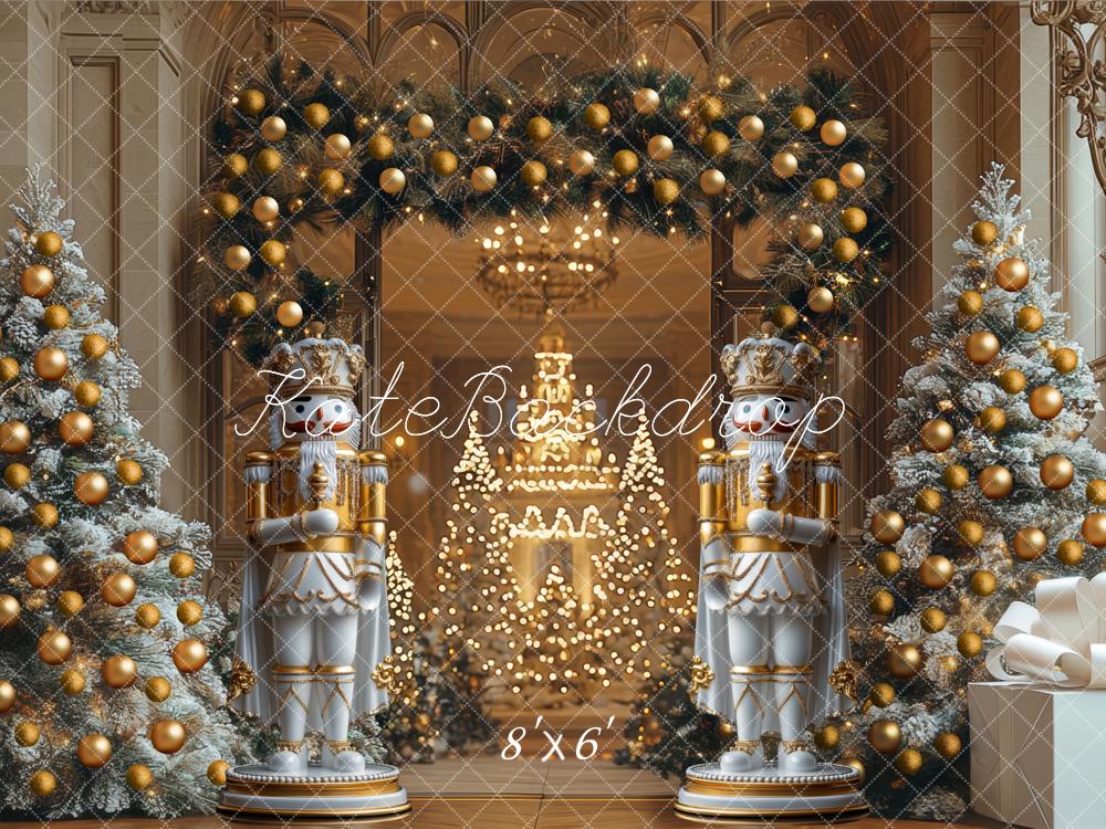 Kate Weihnachten Nussknacker Tannen Gold Hintergrund Entworfen von Mini MakeBelieve - Kate Backdrop.de