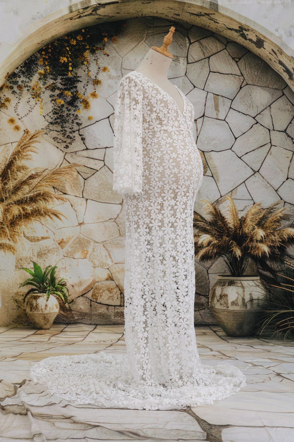 Kate Weißes Spitze Mid Sleeve Trailing Perspektive Mutterschaft Fotoshooting Kleid - Kate Backdrop.de