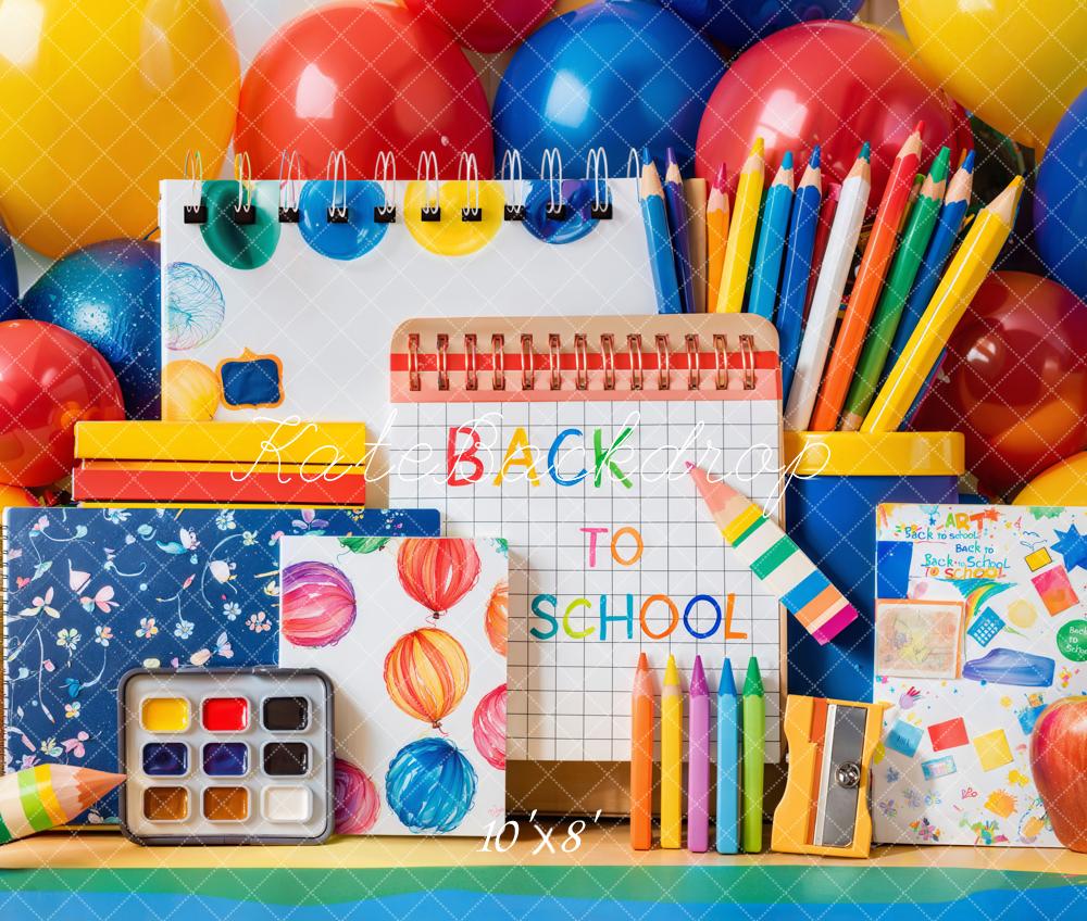 Kate Zurück Zur Schule Schreibwaren Bunte Luftballons Fleece Hintergrund Entworfen von Emetselch - Kate Backdrop.de