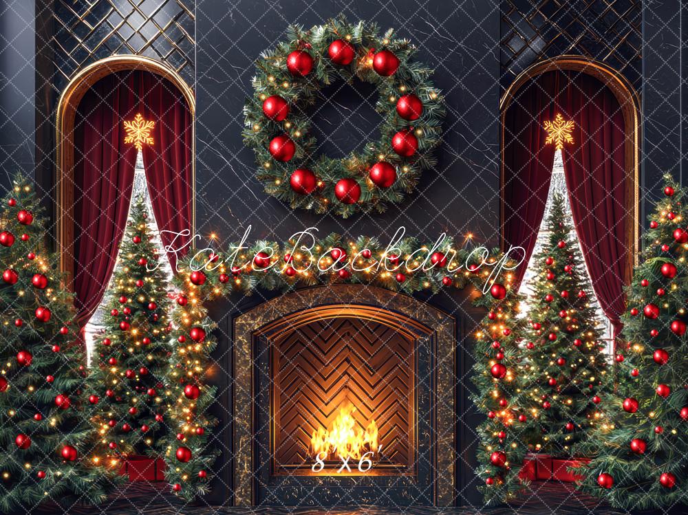 Kate Weihnachten Kamin Kranz Tannenbäume Hintergrund Entworfen von Mini MakeBelieve - Kate Backdrop.de