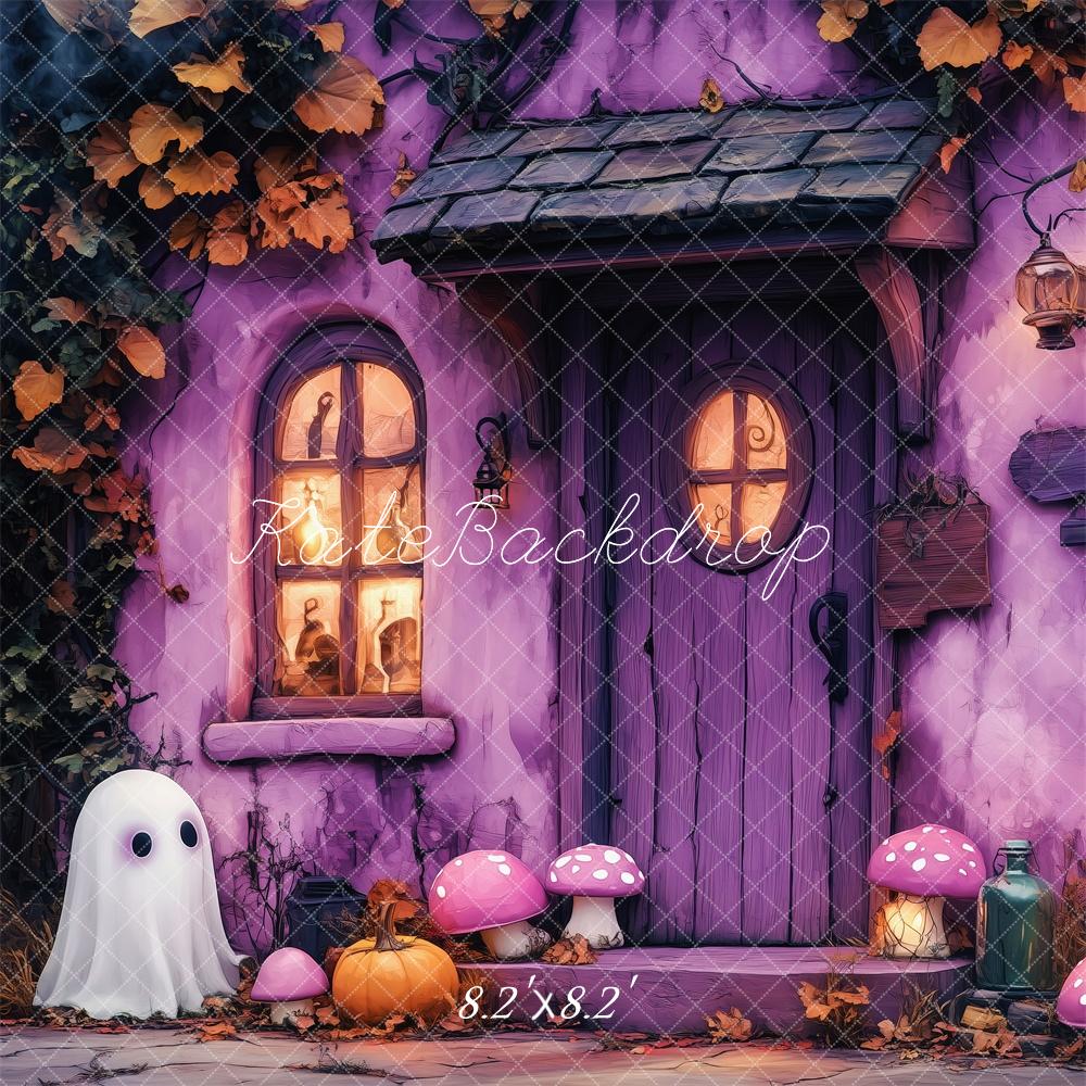 Kate Halloween Lila Haus Geister Kürbis Pilze Hintergrund Entworfen von Patty Roberts - Kate Backdrop.de