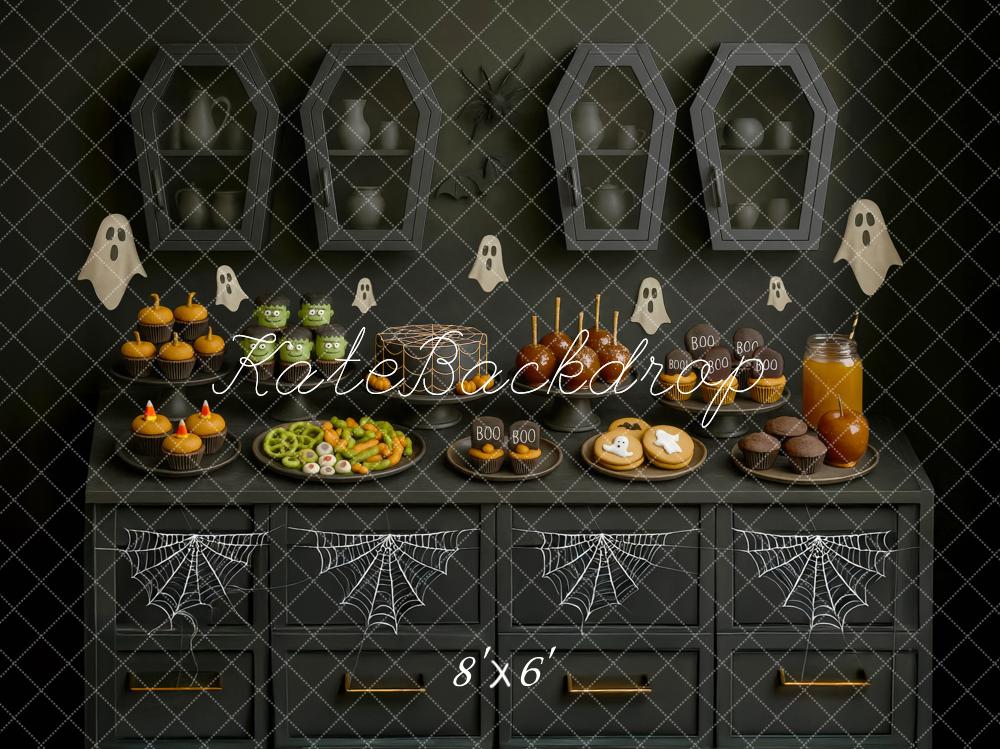 Kate Halloween Snacktisch Särge Geister Schwarz Hintergrund Entworfen von Mini MakeBelieve - Kate Backdrop.de