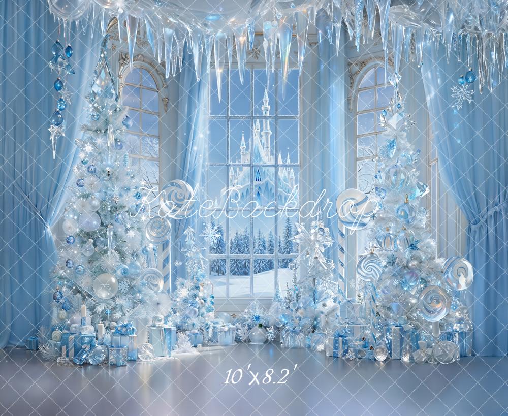 Kate Weihnachten Schloss Eiszapfen Blau Fleece Hintergrund Entworfen von Emetselch - Kate Backdrop.de