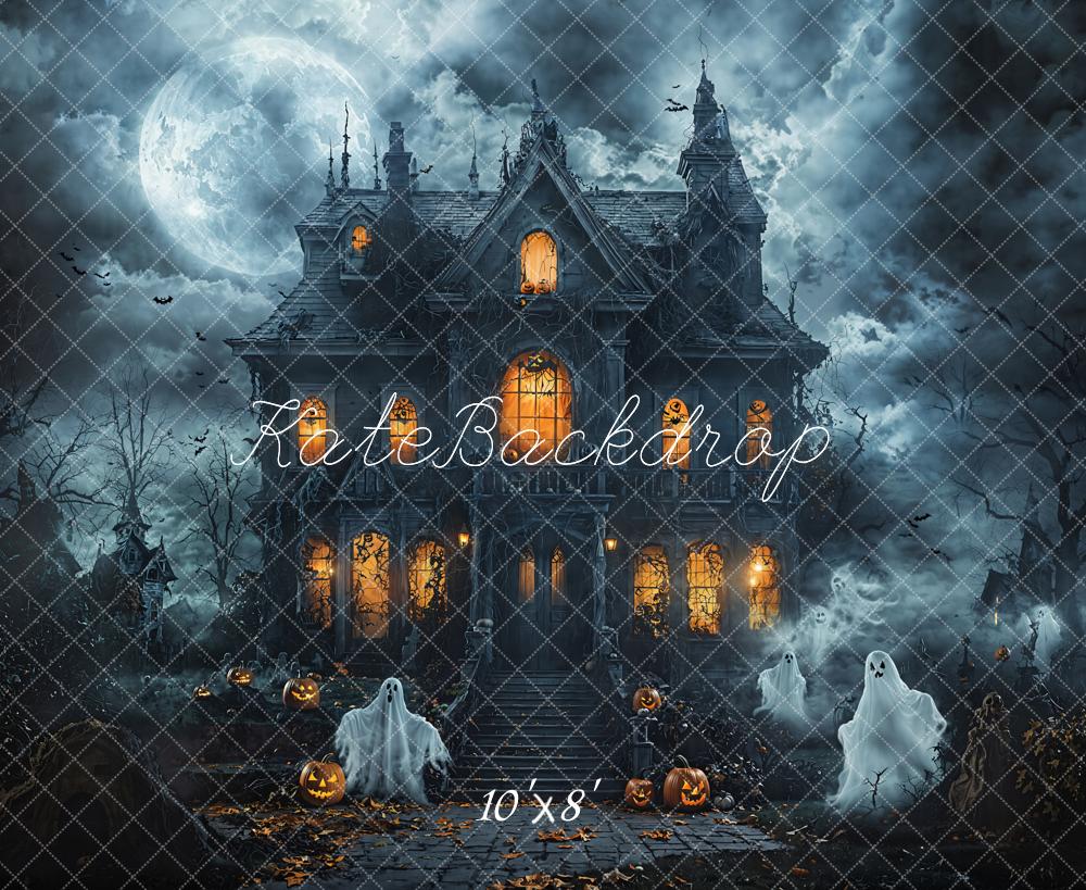 Kate Halloween Spukhaus Kürbisse Blau Fleece Hintergrund Entworfen von Emetselch