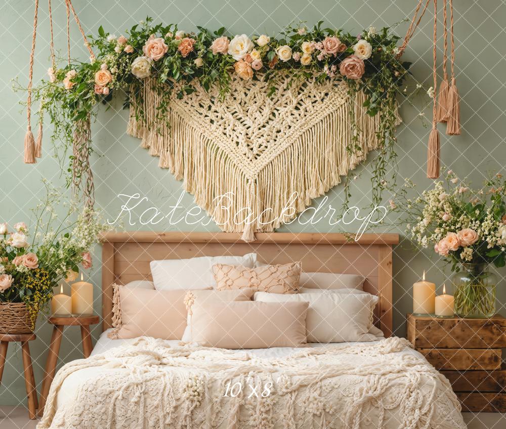 Kate Boho Schlafzimmer Blumen Grün Fleece Hintergrund Entworfen von Emetselch - Kate Backdrop.de