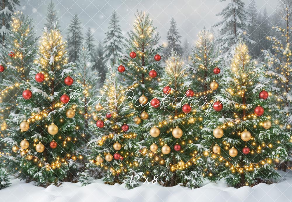 Kate Weihnachten Tannenbäume Lichterkette Schnee Fleece Hintergrund Entworfen von Emetselch - Kate Backdrop.de