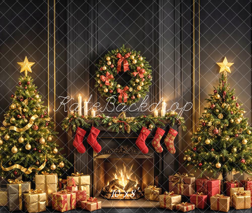 Kate Weihnachten Kamin Tannenbaum Gold Fleece Hintergrund Entworfen von Emetselch - Kate Backdrop.de