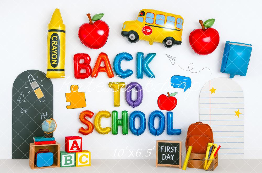 Kate Zurück zur Schule Ballons Schulbus Apfel Bunt Hintergrund Entworfen von Patty Roberts - Kate Backdrop.de