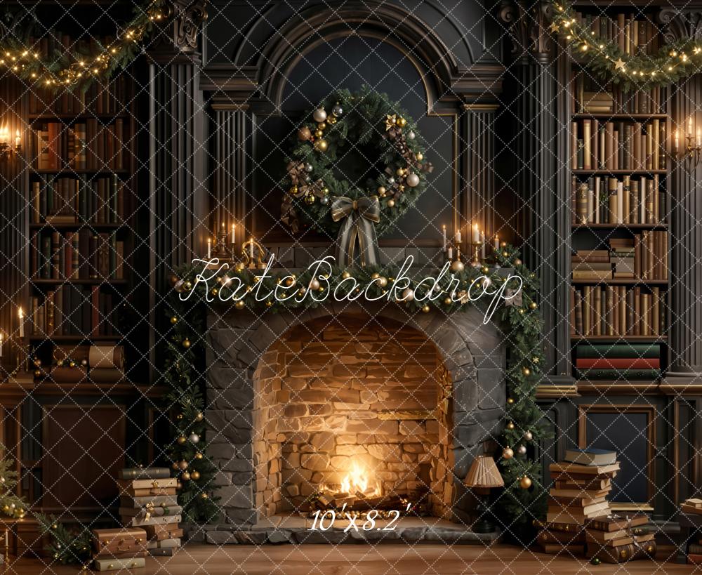 Kate Weihnachten Kamin Bücherregal Gemütlich Hintergrund Entworfen von Emetselch - Kate Backdrop.de