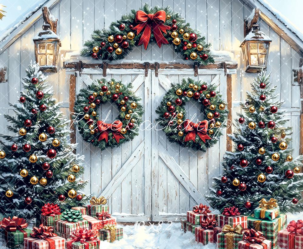 Kate Weihnachten Scheune Geschenke Kranz Hintergrund Entworfen von Mini MakeBelieve - Kate Backdrop.de