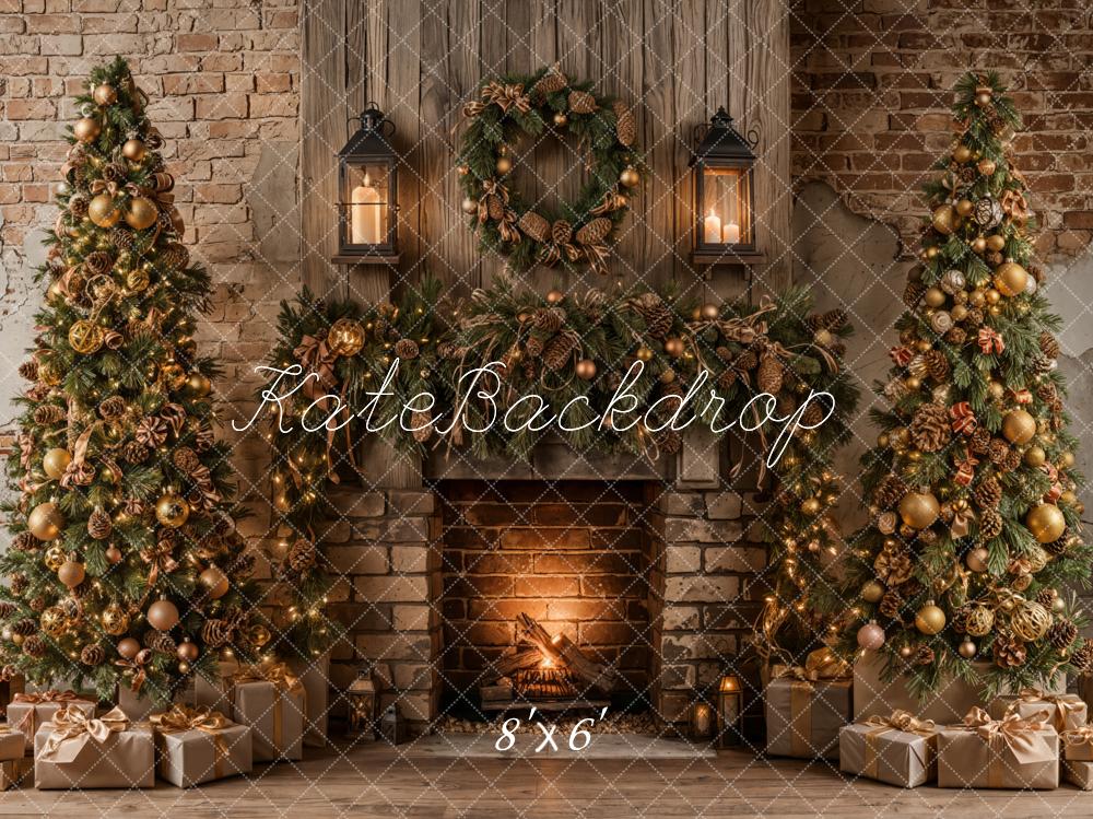 Kate Weihnachten Kamin Weihnachtsbäume Rustikal Fleece Hintergrund Entworfen von Emetselch - Kate Backdrop.de