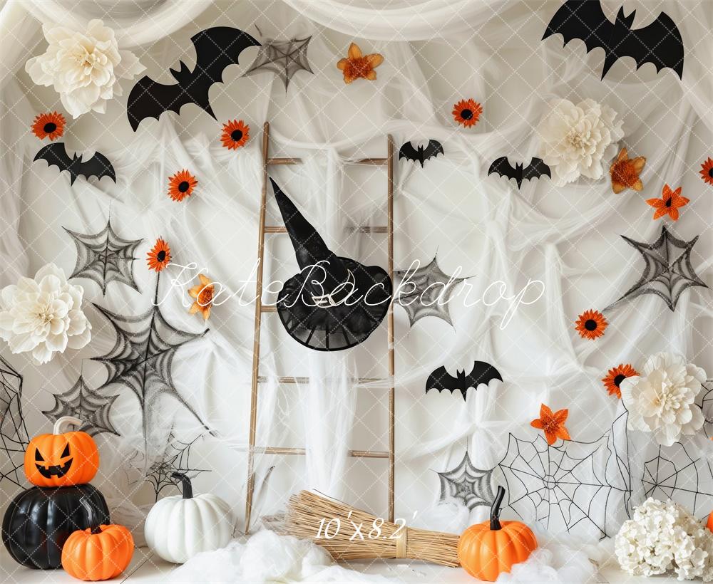 Kate Halloween Kürbisse Spinnweben Fledermäuse Hintergrund Entworfen von Patty Roberts - Kate Backdrop.de