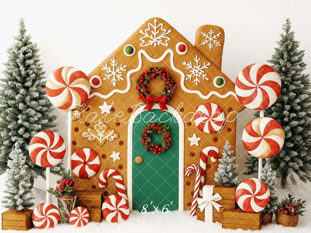 Kate Weihnachten Lebkuchenhaus Lollipops Schnee Hintergrund Entworfen von Patty Roberts - Kate Backdrop.de