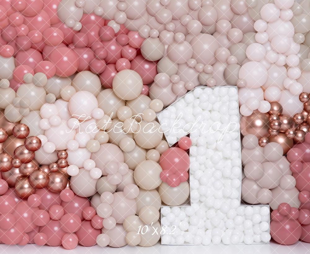 Kate Erste Geburtstag Ballonwand Rosa Creme Hintergrund Entworfen von Kerry Anderson - Kate Backdrop.de