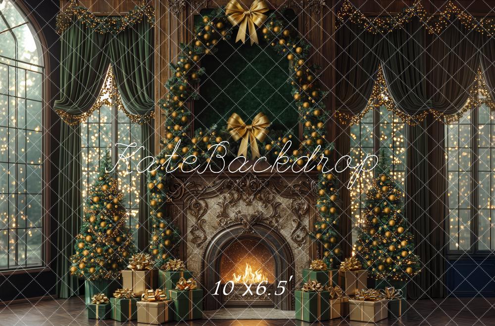 Kate Weihnachten Kamin Weihnachtsbaum Goldgrün Hintergrund Entworfen von Mini MakeBelieve - Kate Backdrop.de