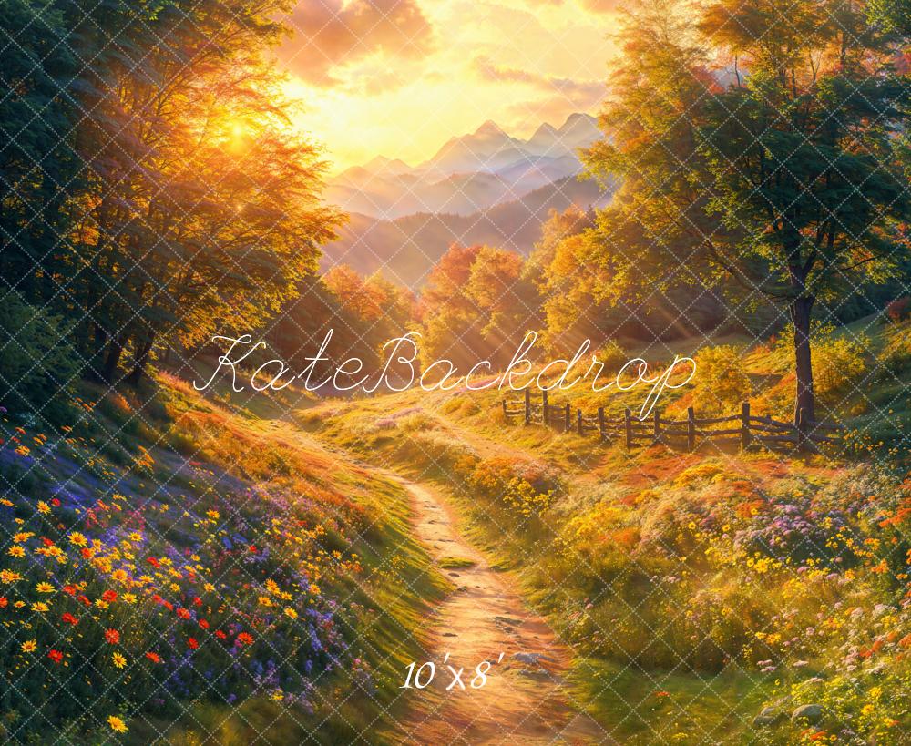 Kate Herbst Landschaft Sonnenuntergang Blumenwiese Fleece Hintergrund Entworfen von Emetselch