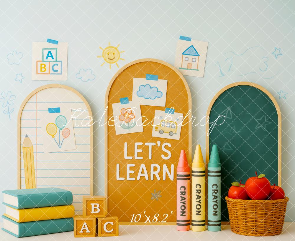 Kate Zurück zur Schule Bücher Stifte Pastell Hintergrund Entworfen von Patty Roberts - Kate Backdrop.de