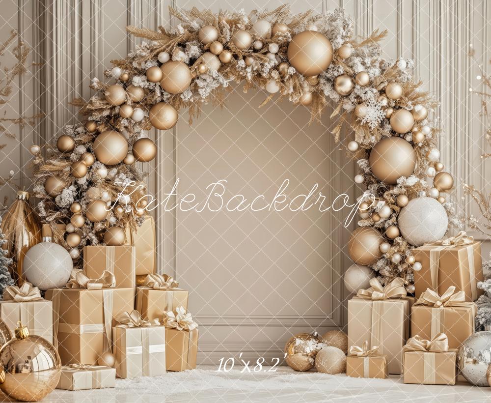 Kate Weihnachten Blumenbogen Geschenke Gold Hintergrund Entworfen von Patty Roberts - Kate Backdrop.de