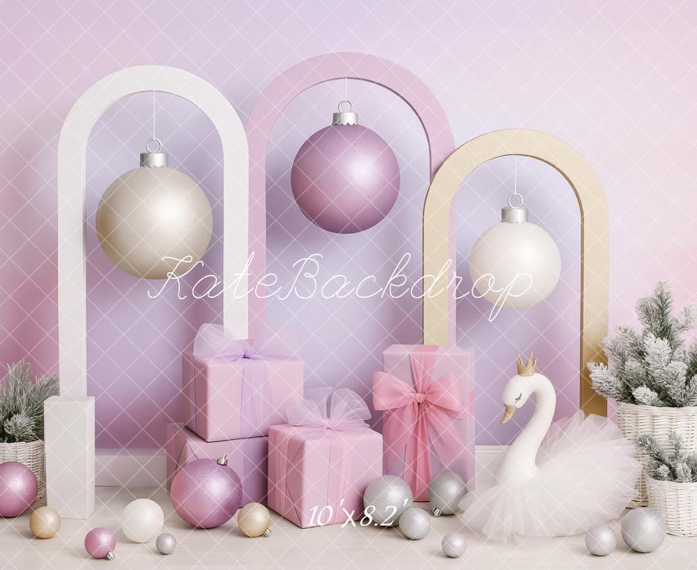 Kate Weihnachten Bögen Geschenke Schwan Pastell Hintergrund Entworfen von Patty Roberts - Kate Backdrop.de