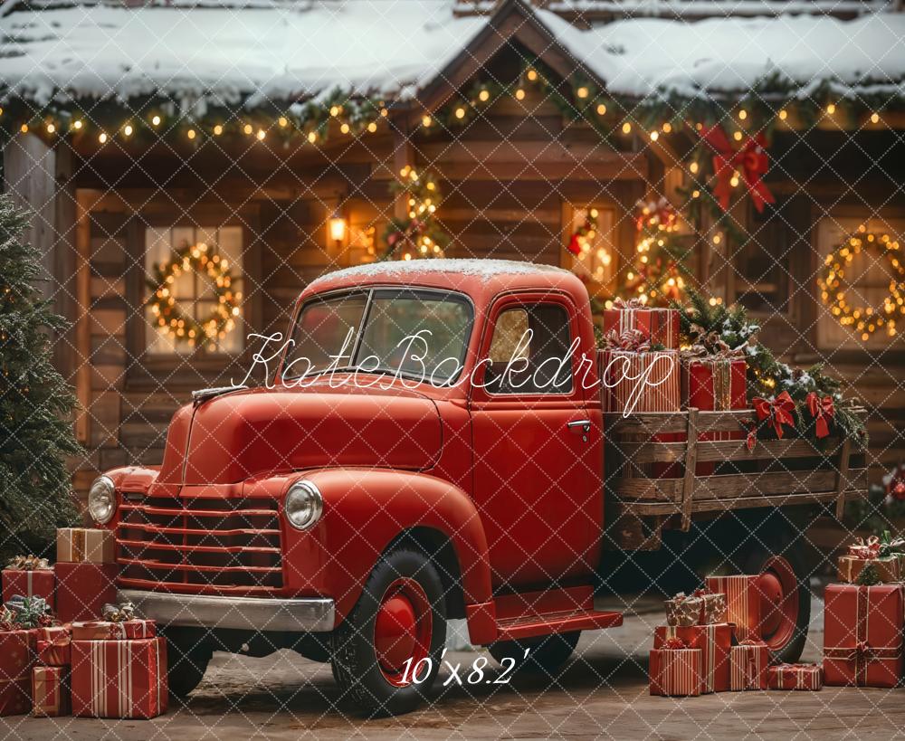 Kate Weihnachten Roter Pickup Geschenkboxen Holzhaus Hintergrund Entworfen von Emetselch - Kate Backdrop.de