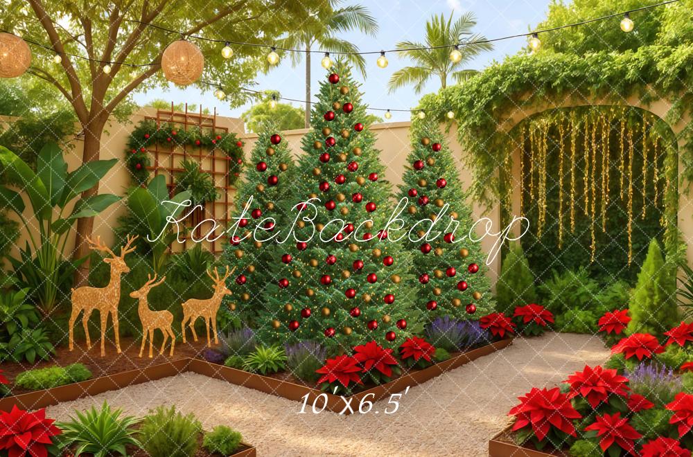 Kate Weihnachten Garten Tannenbäume Rot Hintergrund Entworfen von Mini MakeBelieve - Kate Backdrop.de