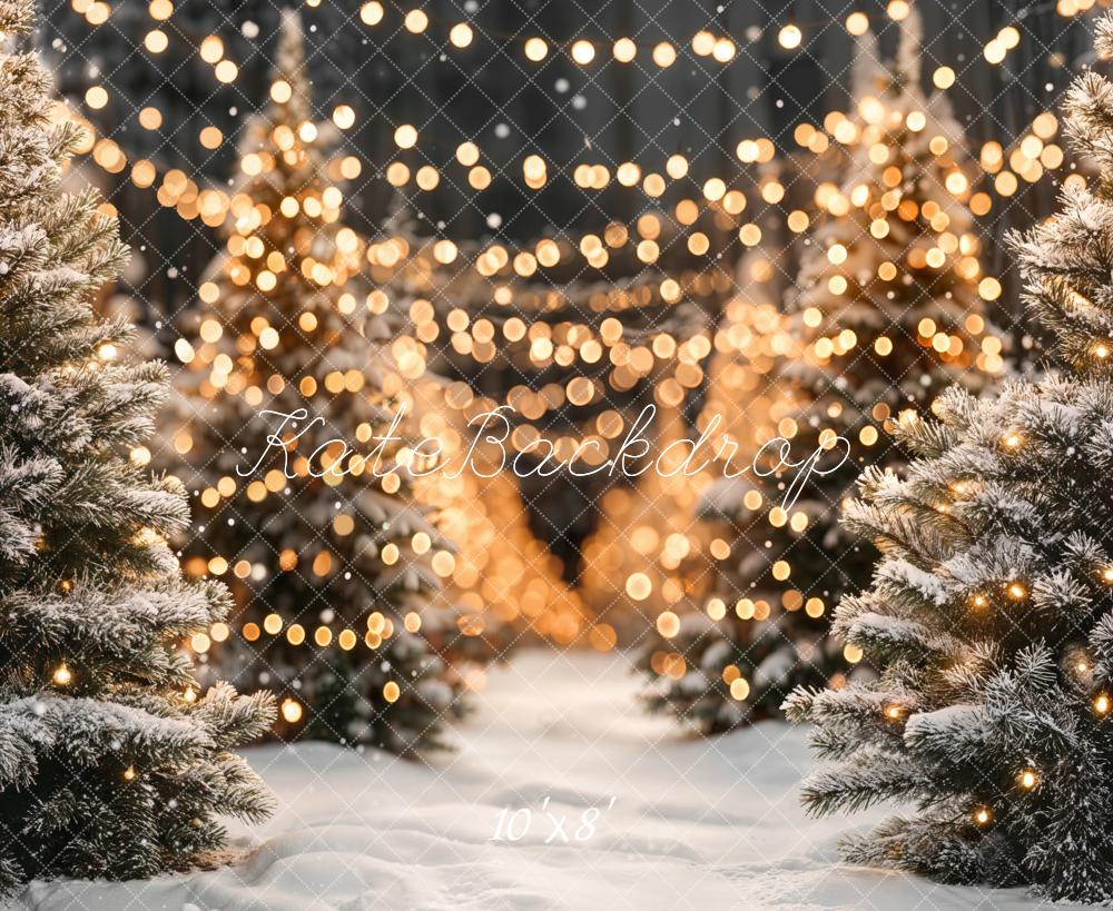 Kate Weihnachten Verschneite Tannen Lichter Warm Fleece Hintergrund Entworfen von Emetselch - Kate Backdrop.de